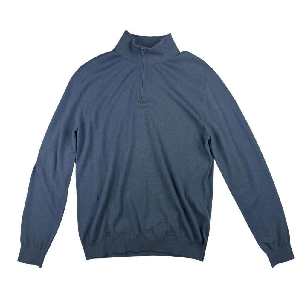 Reiss Blackhall Merino Wool 1/4 Zip Long Sleeve Polo Sweater Blue Size L